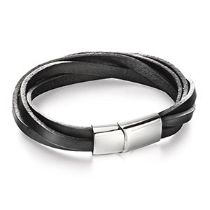 Fred Bennett Stainless Steel & Multi-Strand Black Leather Bracelet